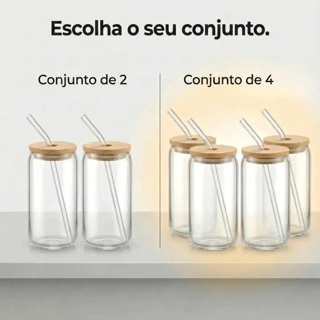 Conjunto de copos de alta gama em vidro e bambu